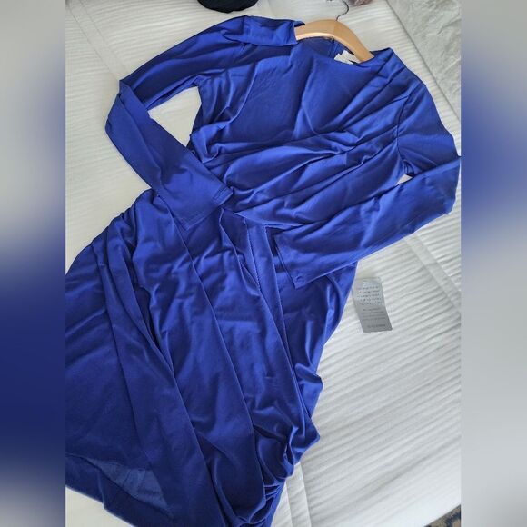 ASTR THE LABEL rushed sides twist drape  front blue persian jewel dress - Picture 12 of 13